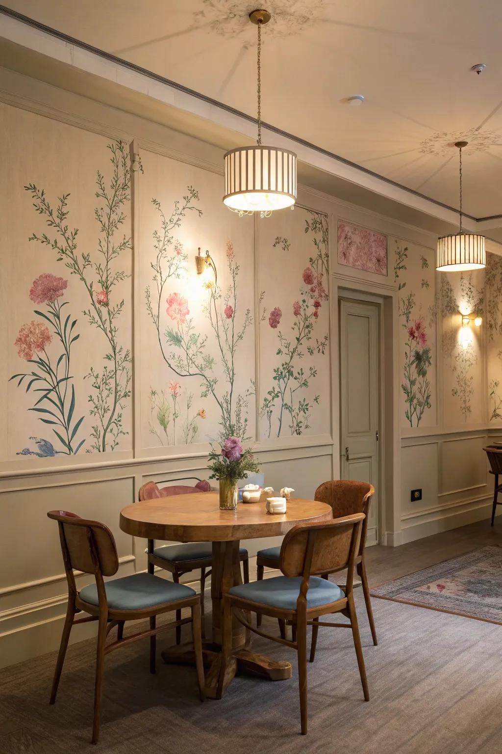 Pastel florals bring calmness to the dining room.