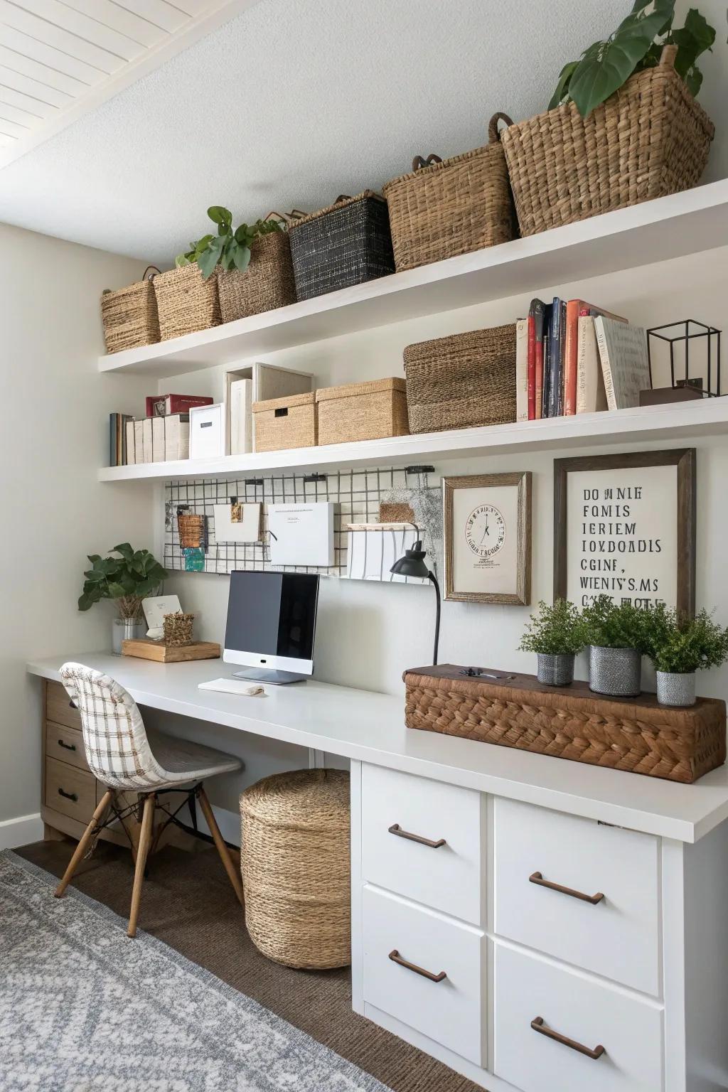 Chic storage solutions in a home office, featuring baskets and floating shelves.