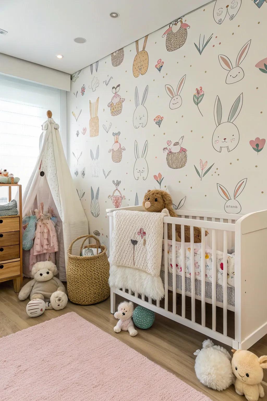 A nursery featuring adorable bunny wallpaper, creating a playful and cozy space.