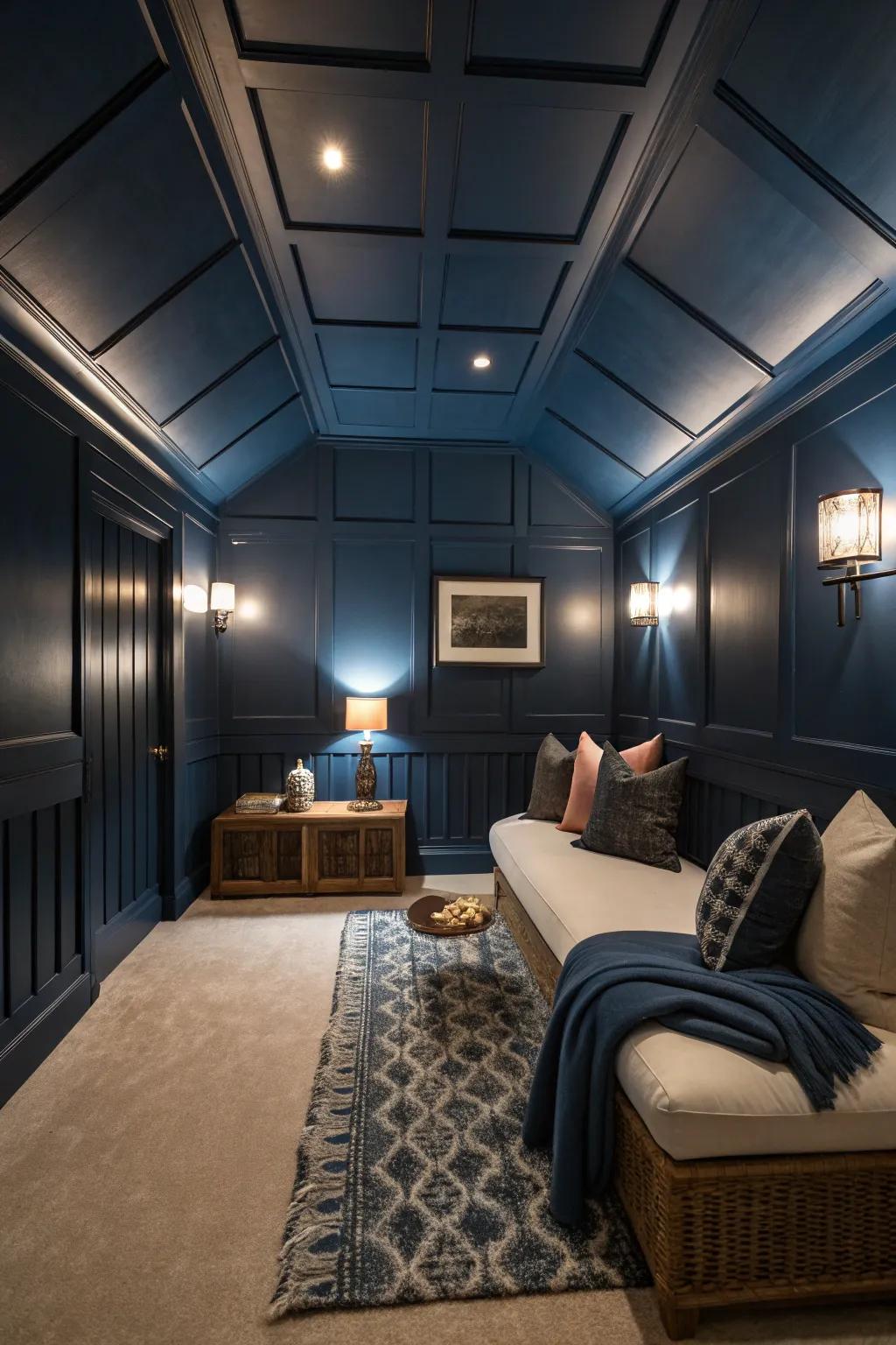 A bold look with a unified dark blue ceiling and walls.