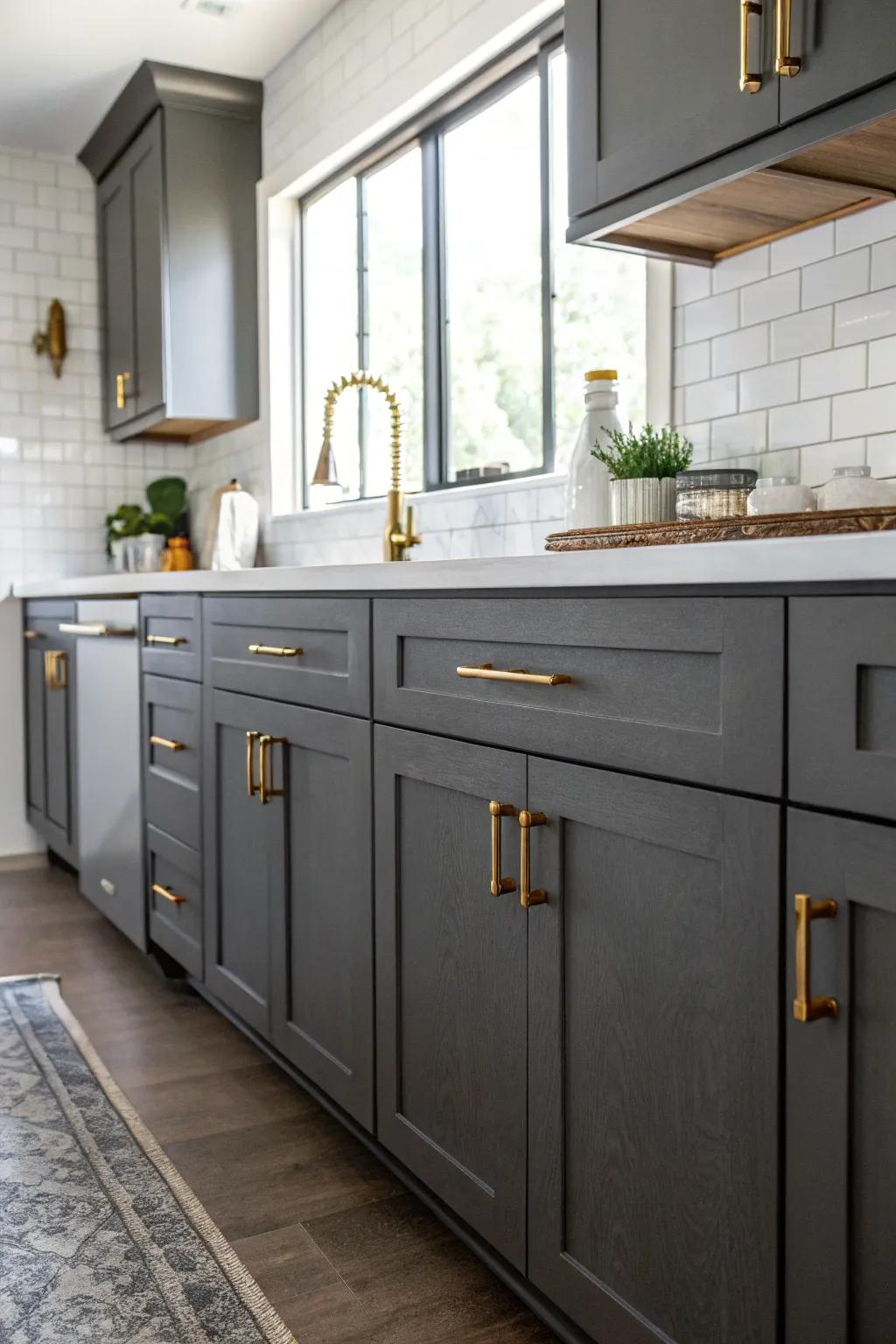 Dark gray cabinets elevated by luxurious brass hardware.