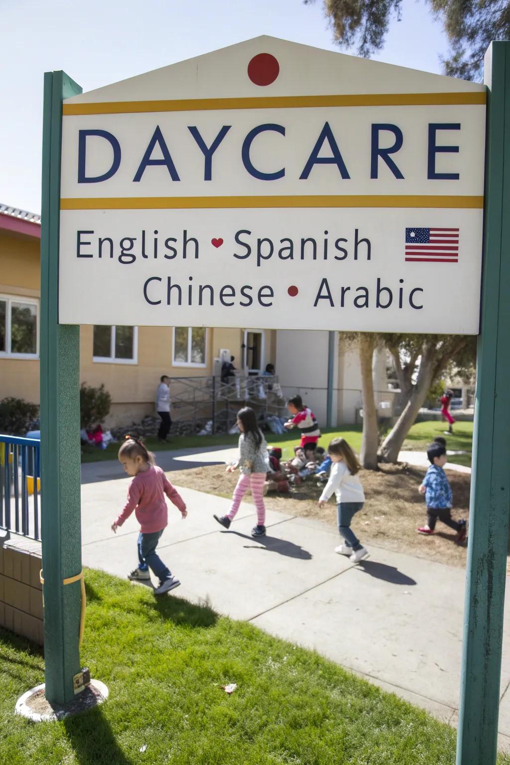 Multilingual signage warmly welcomes families from diverse backgrounds at the daycare.