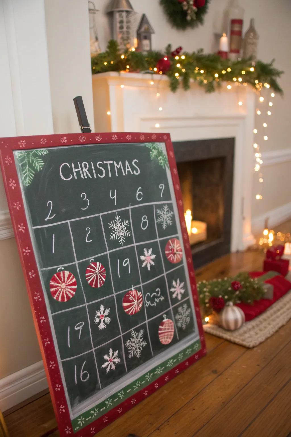 A classic Christmas-themed chalkboard calendar with red and green hues.