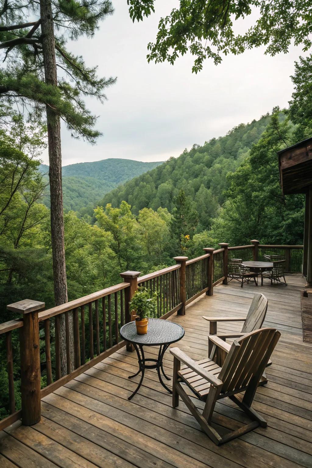 A wooden deck that exudes rustic charm and natural beauty.