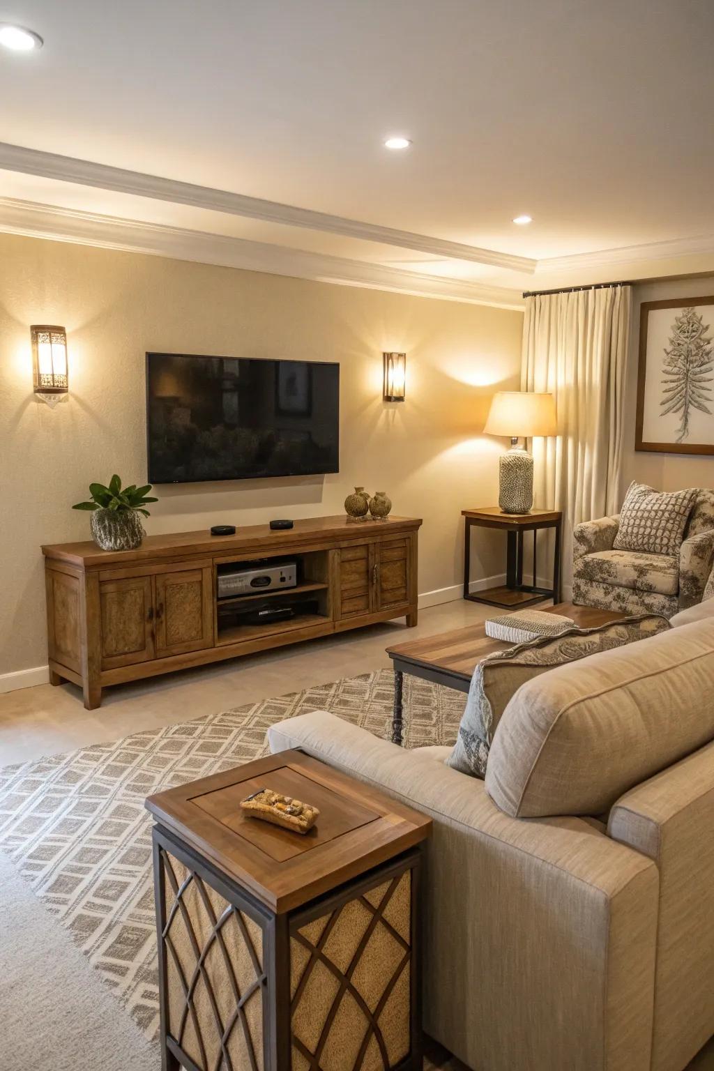 Neutral colors create a serene backdrop for the TV.