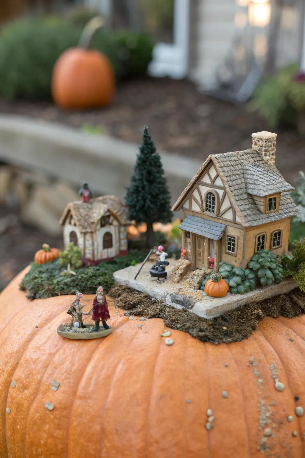 Craft a whimsical miniature scene on your pumpkin for a unique centerpiece.