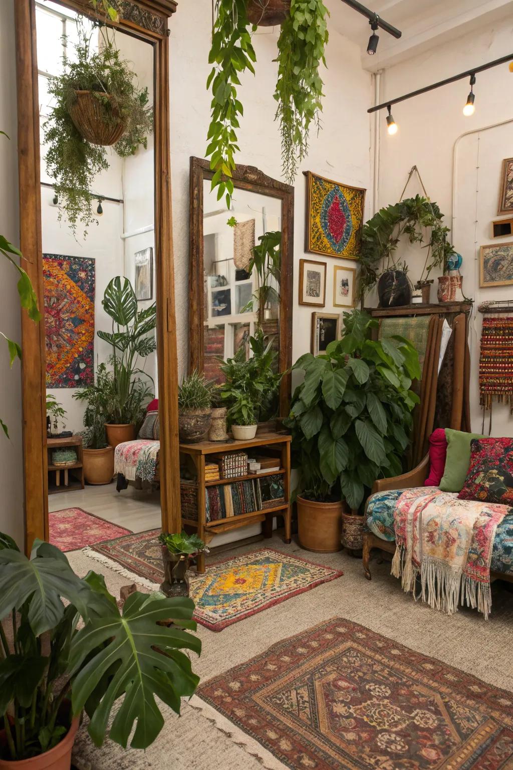 Bohemian vibes with mirrors, plants, and eclectic decor elements.