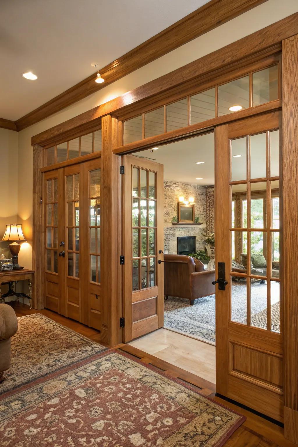 Wood and glass doors bring warmth and transparency.
