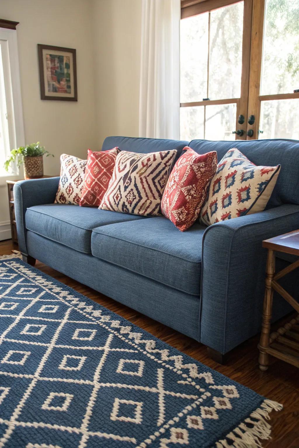 Patterns add visual interest to a denim blue living room setup.