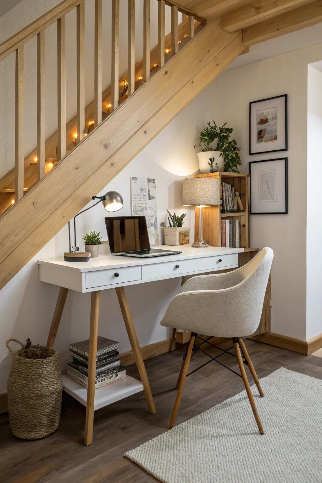 Under-stair desks: Transforming hidden spaces into functional offices.