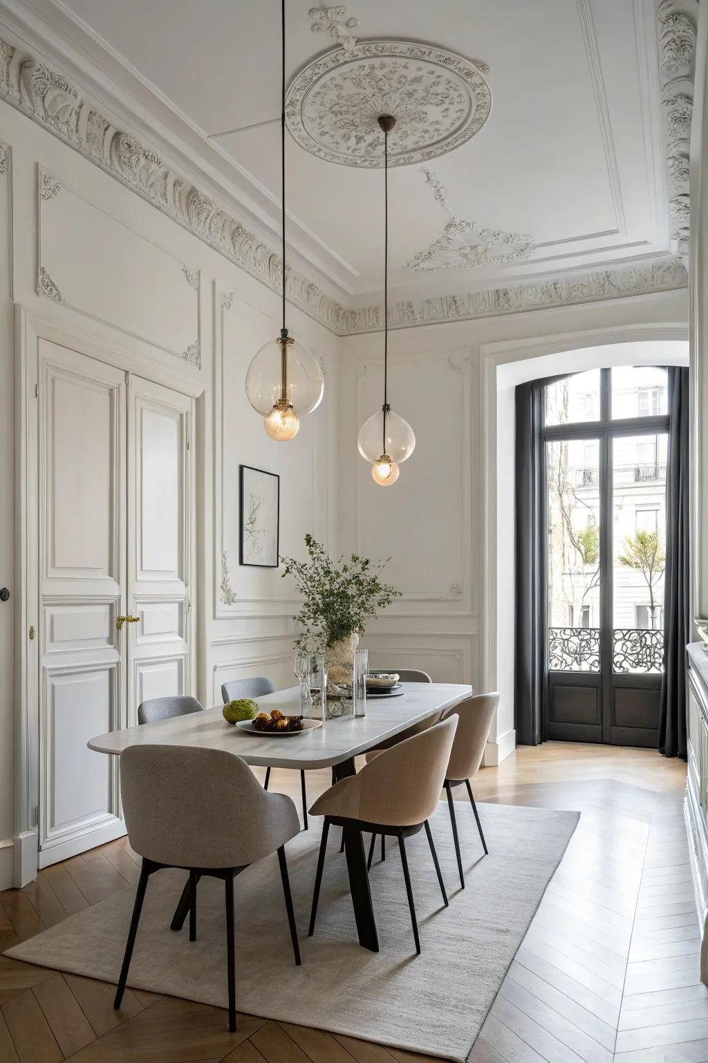 Minimalist fixtures provide understated elegance in this dining room.