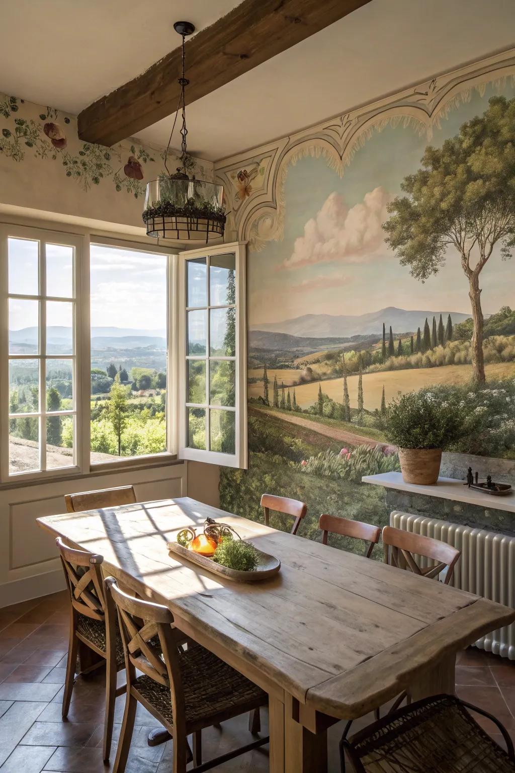 A landscape mural creates an expansive and inviting dining atmosphere.