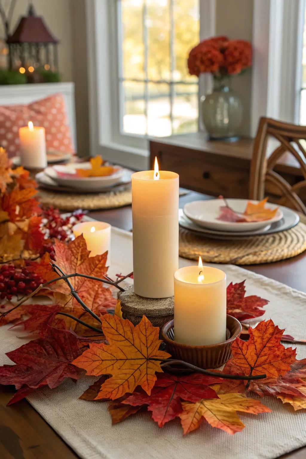 A dining table decorated with seasonal autumn leaves.