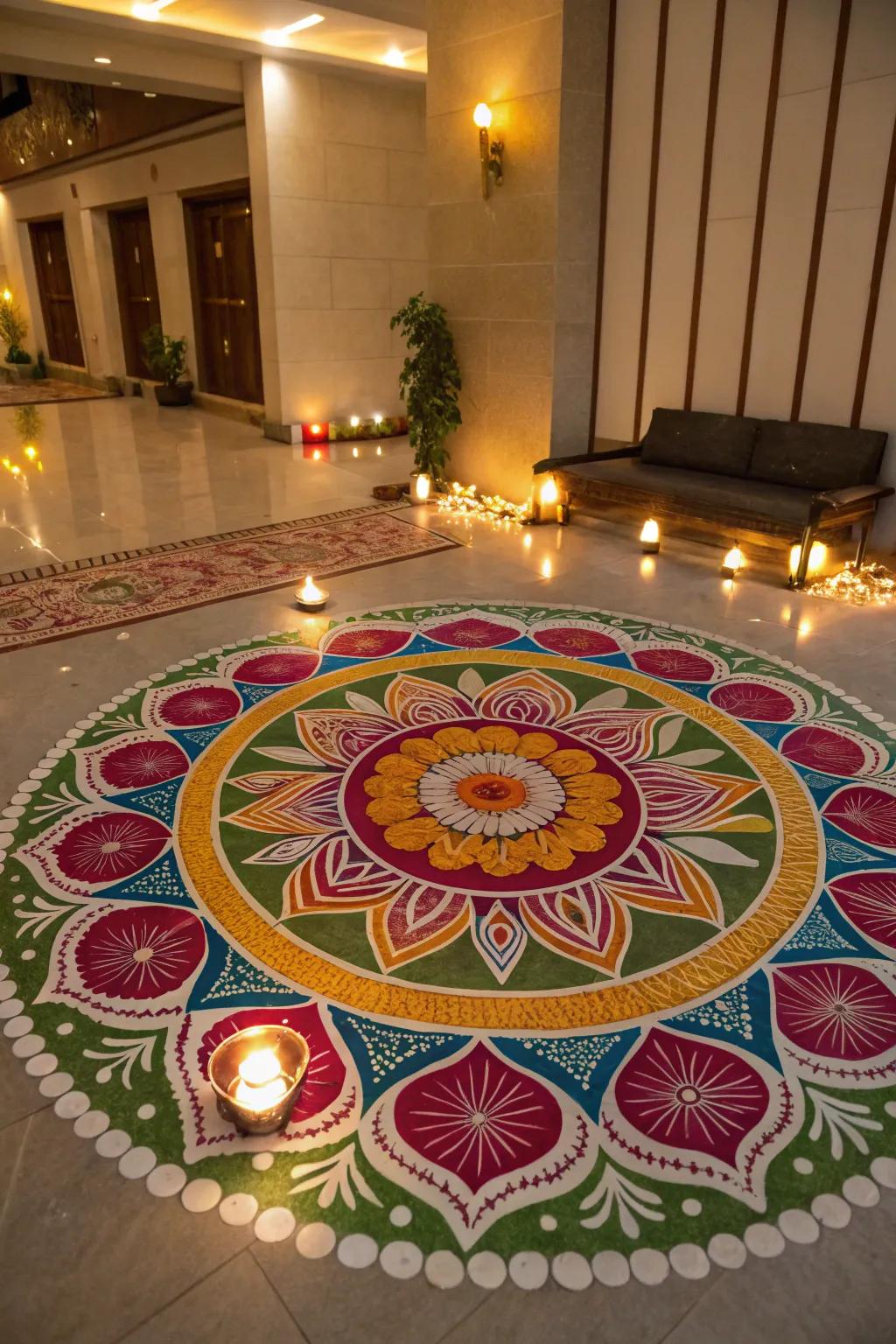 A striking rangoli that adds color and creativity.