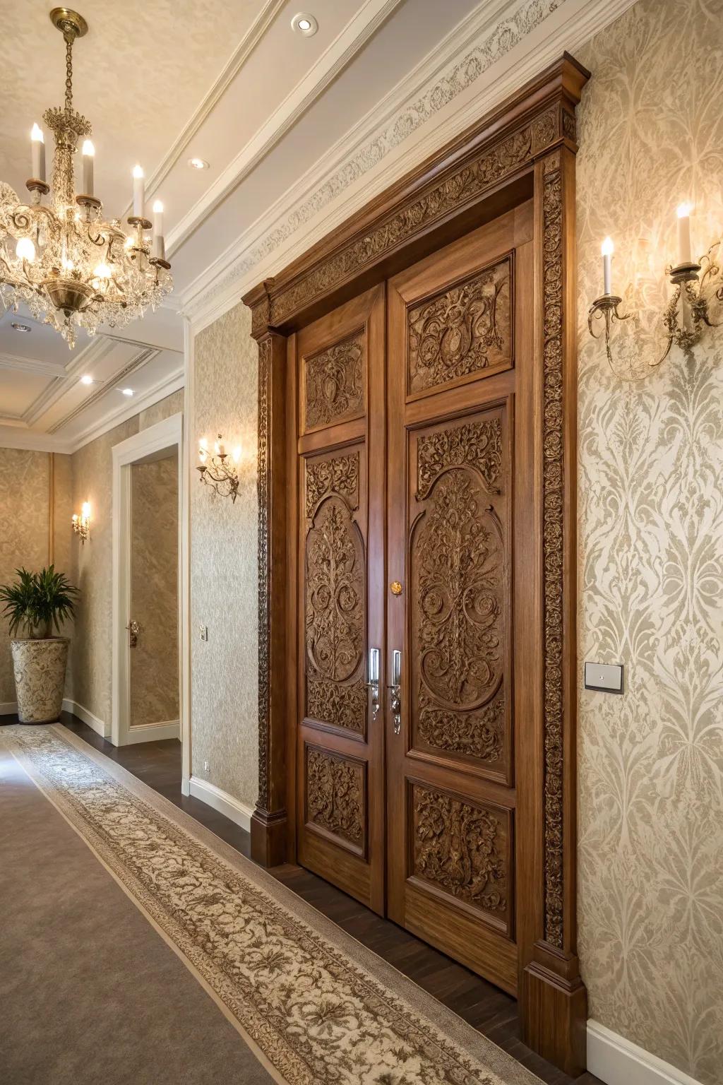 Artistic elegance with intricate carved panels.