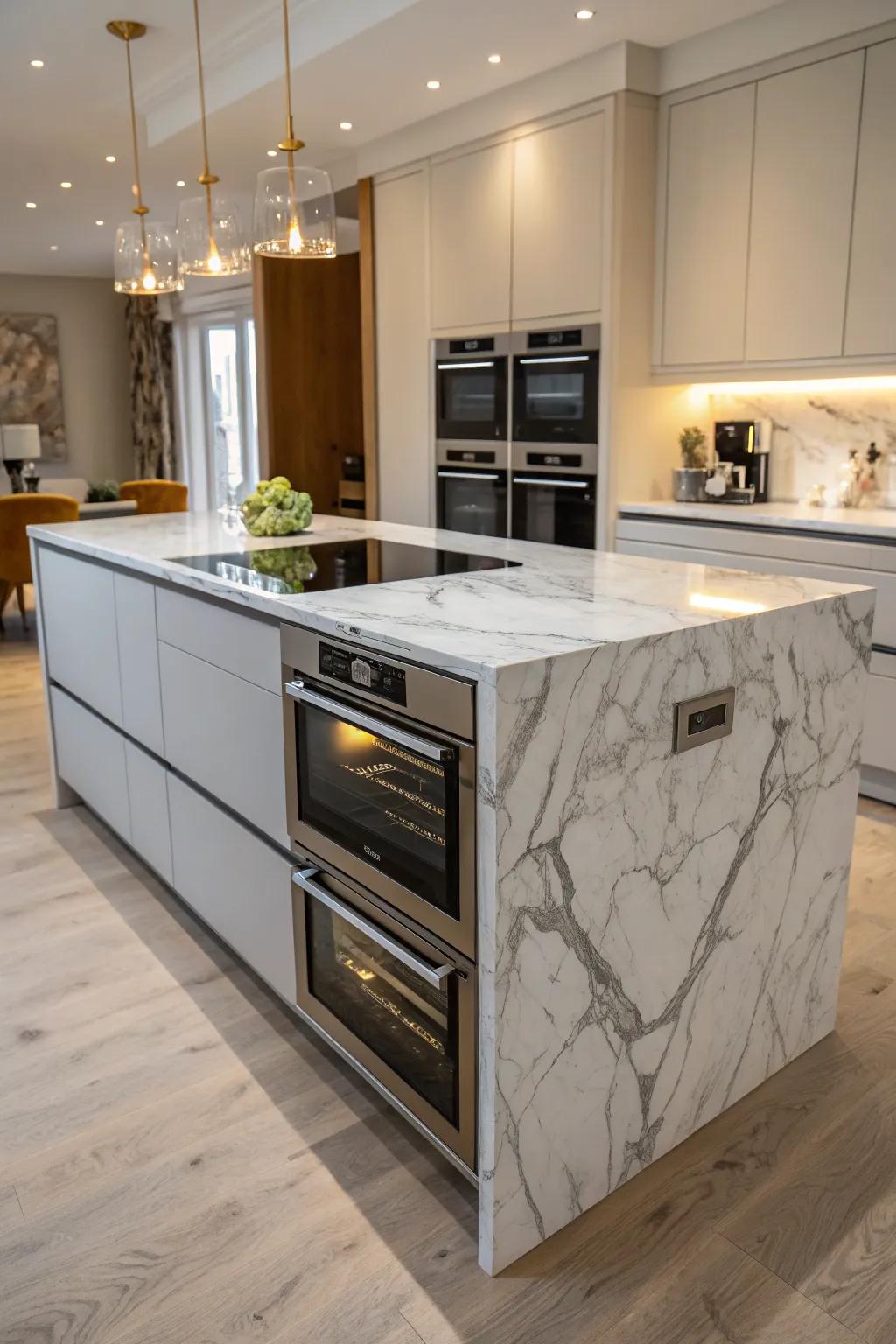 A kitchen island featuring a double oven, making it the heart of culinary activity.