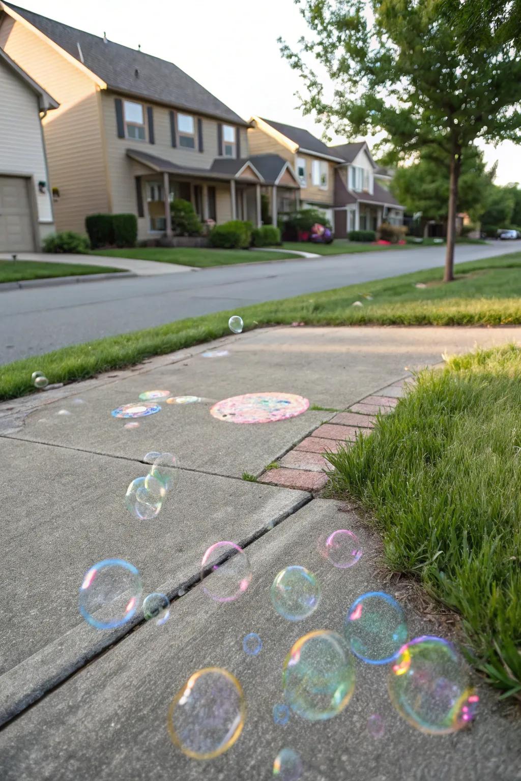 Playful chalk bubbles float across the neighborhood sidewalk.