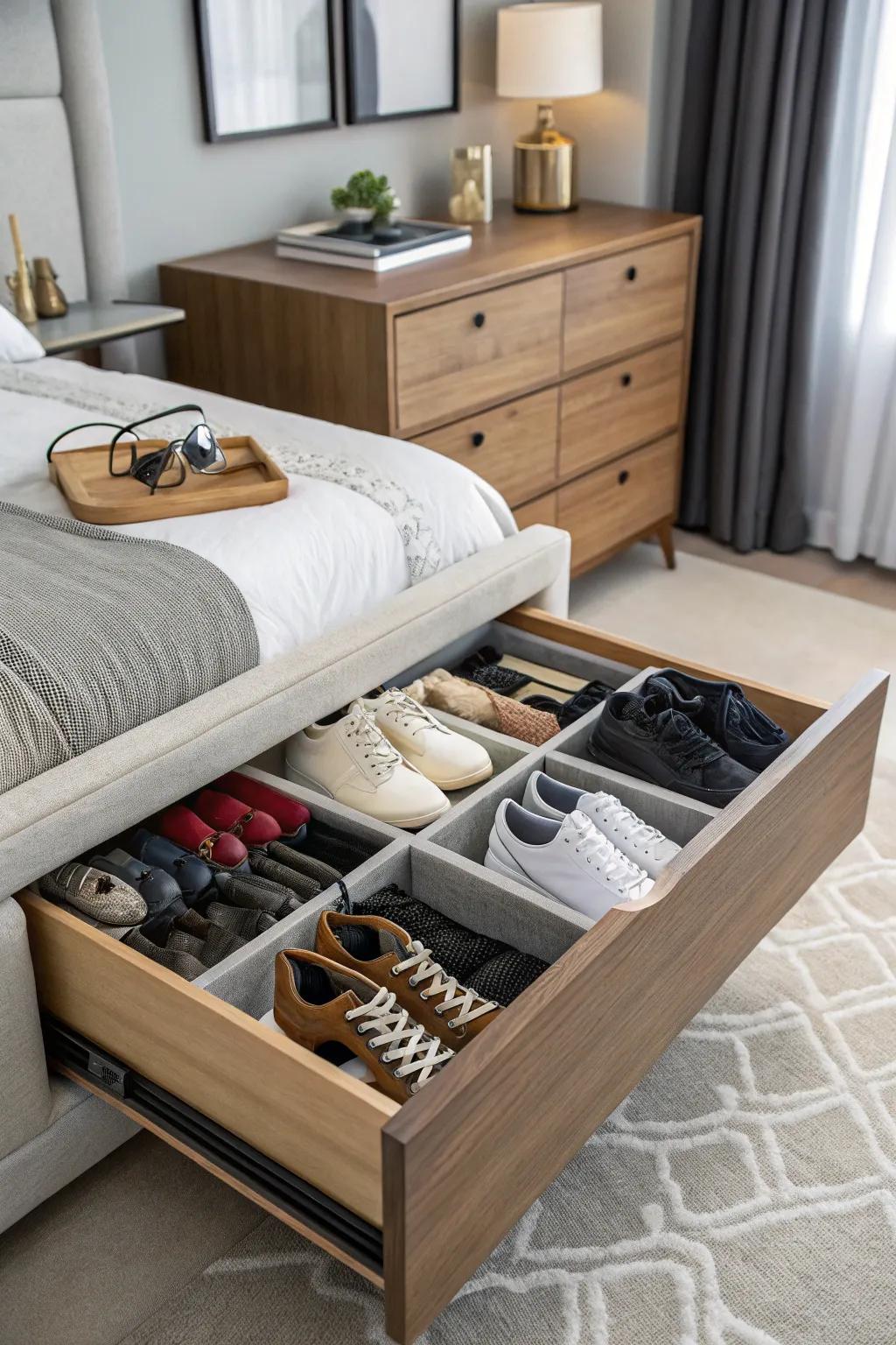 Lower drawer designated for shoes and bulkier items.