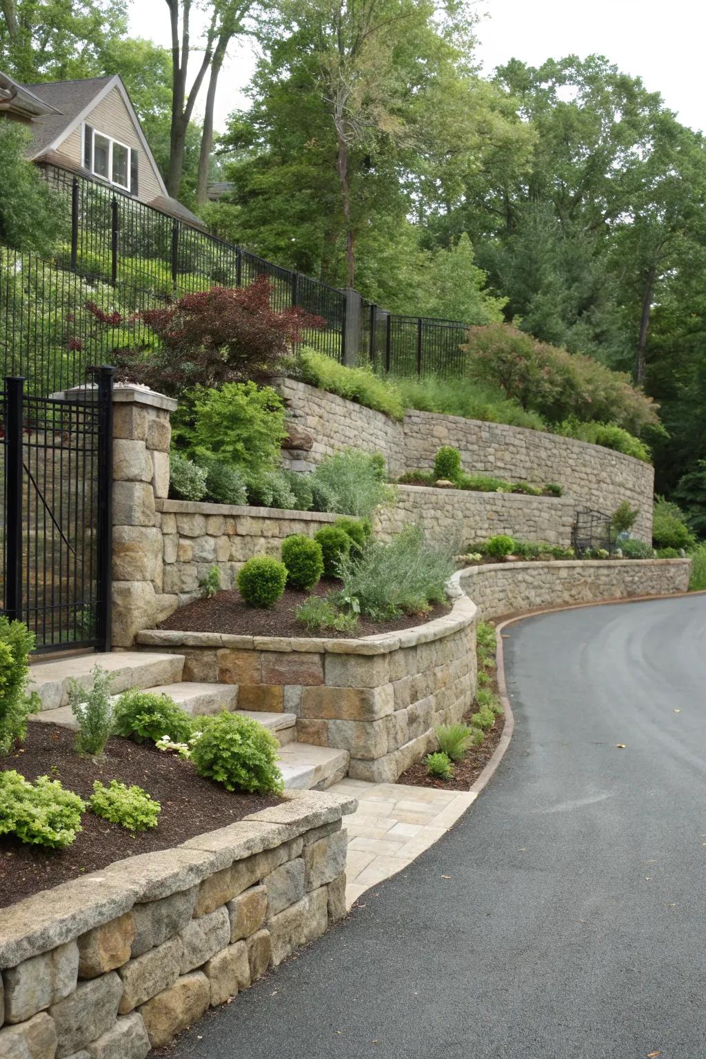 Stone retaining walls adding depth and texture to the driveway.