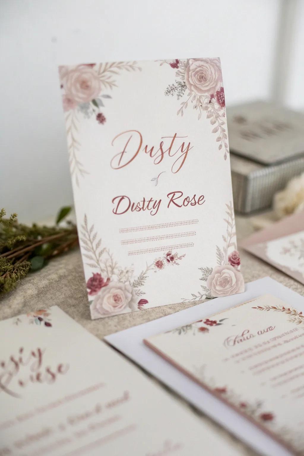 Elegant wedding stationery with dusty rose accents.