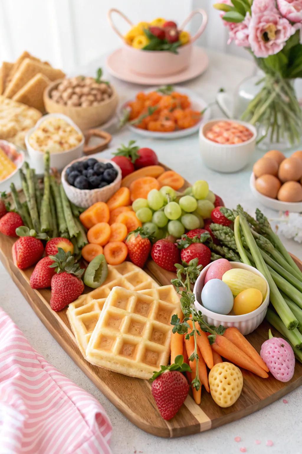 A vibrant Easter brunch board that delights both the eyes and taste buds.