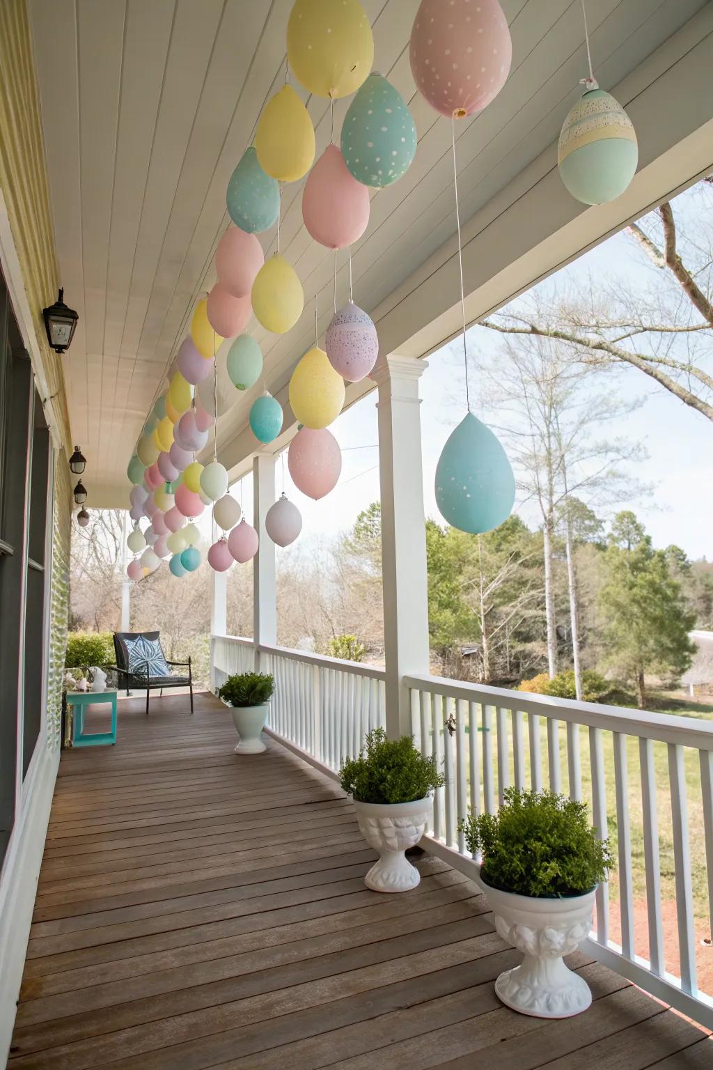 Hanging egg ornaments add a playful touch to your porch.