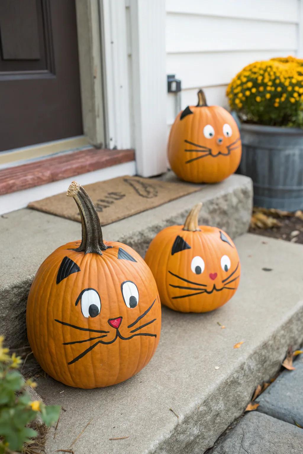 Adorable cat faces give these pumpkins a playful personality perfect for Halloween.