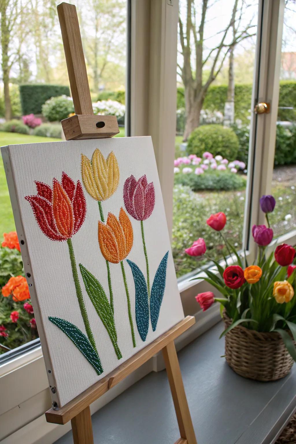 Q-tip tulip painting brings the garden indoors.