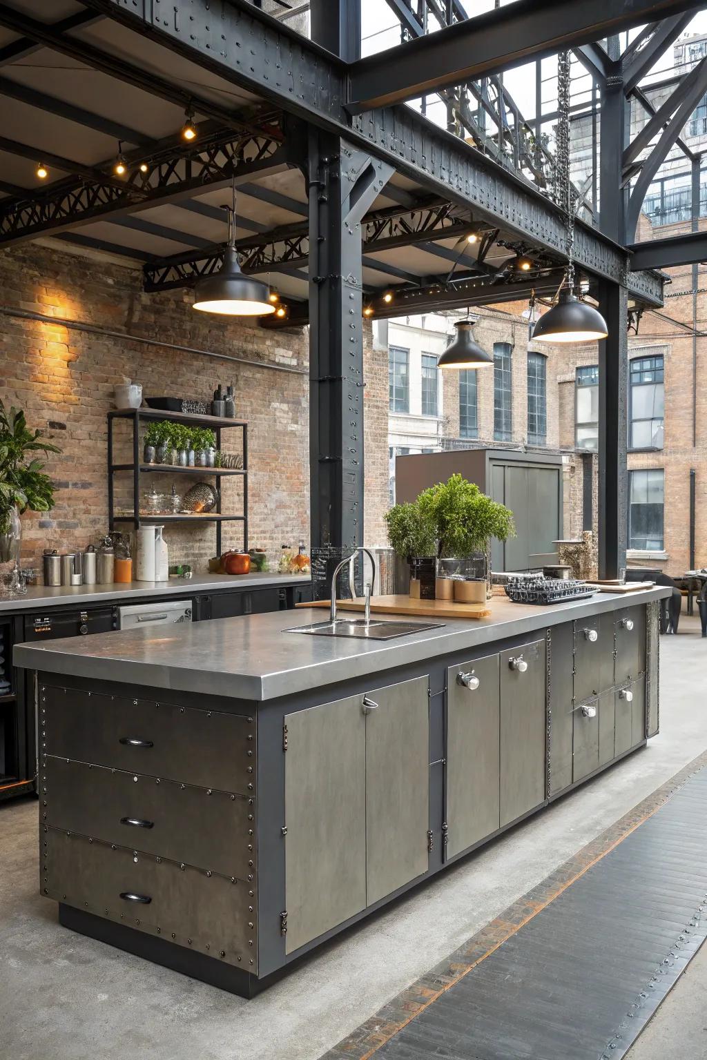 An industrial island with exposed metal for a chic look.