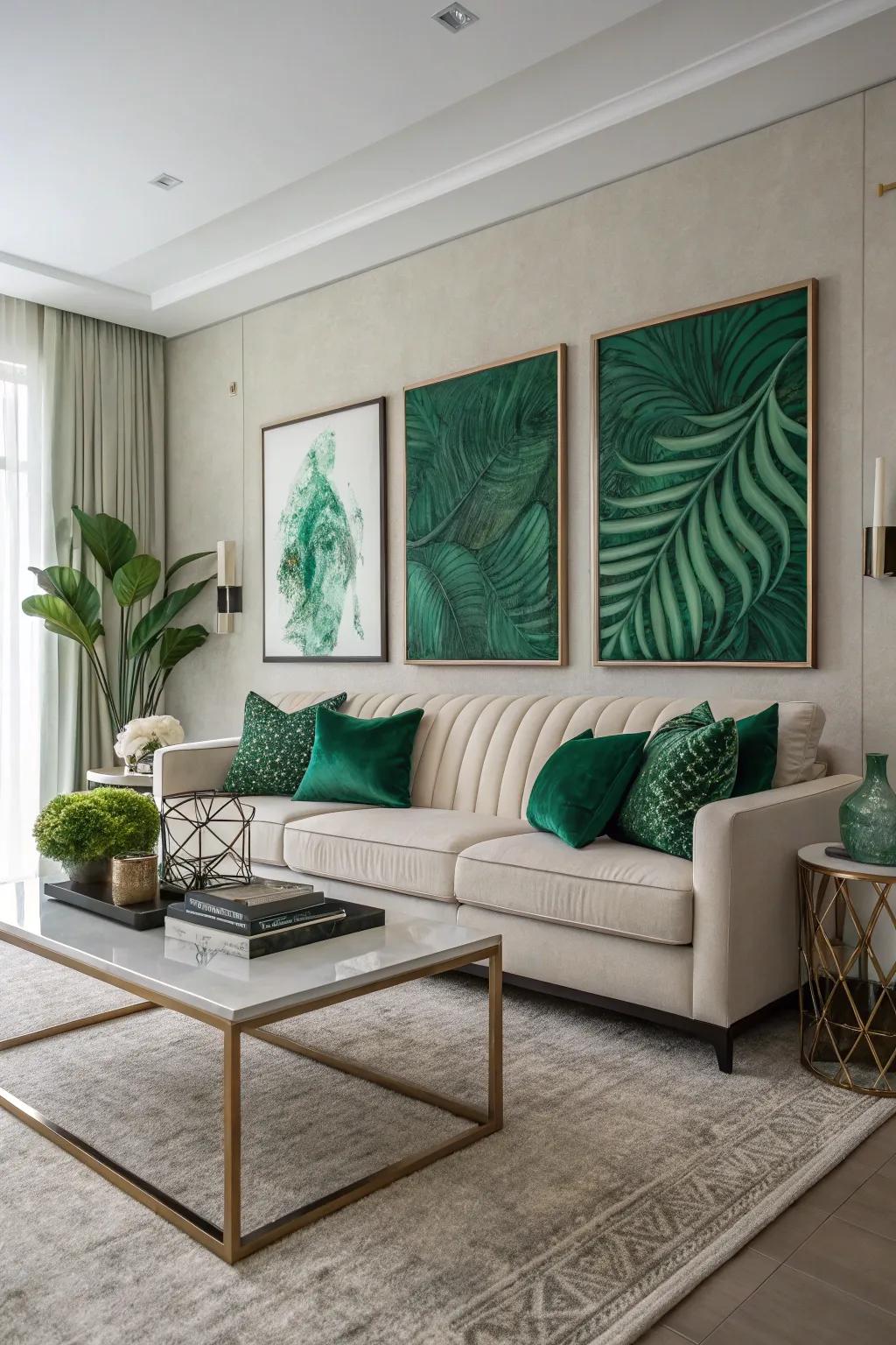 Bold art pieces enhance the emerald green theme.