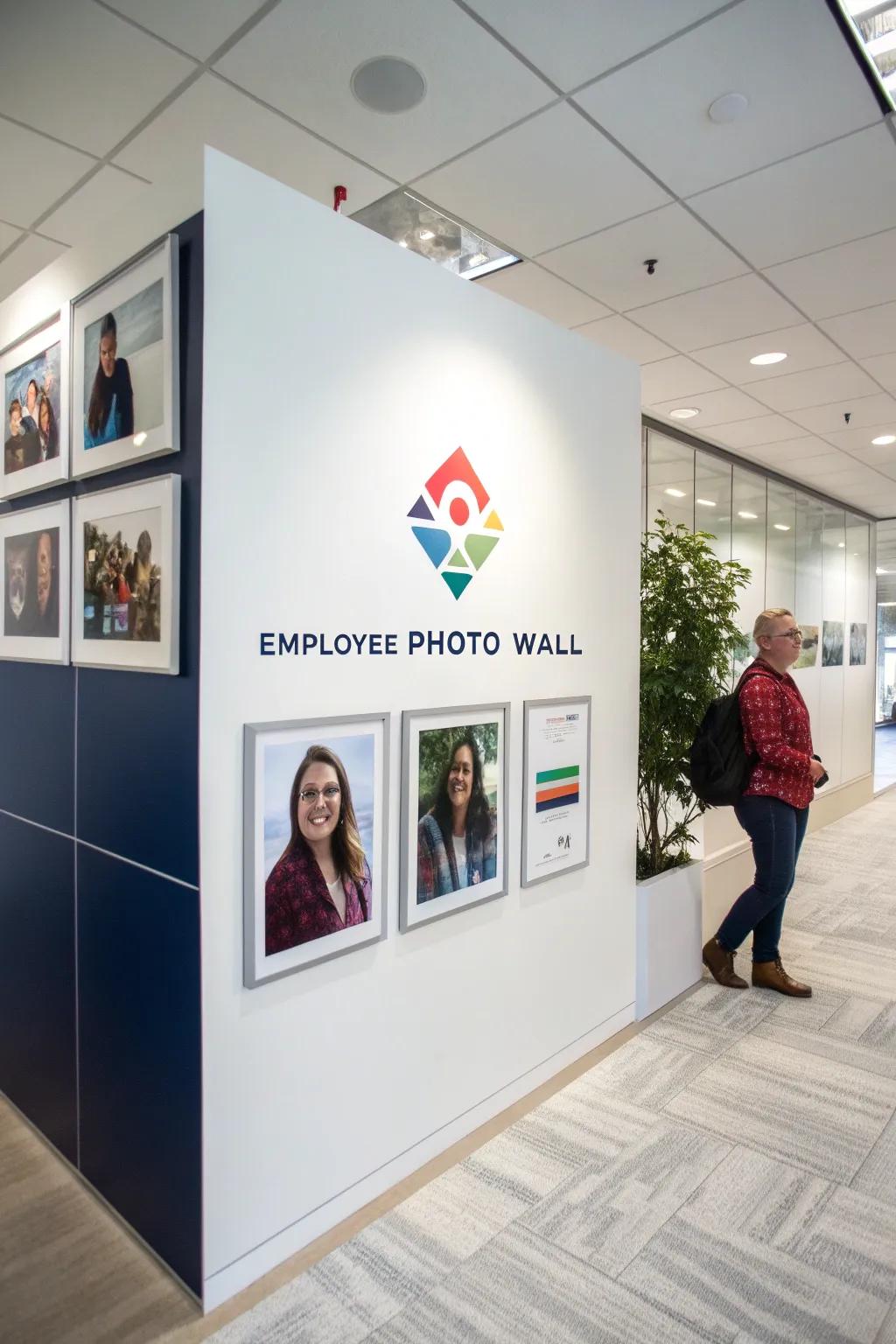 A photo wall that seamlessly integrates corporate branding elements.