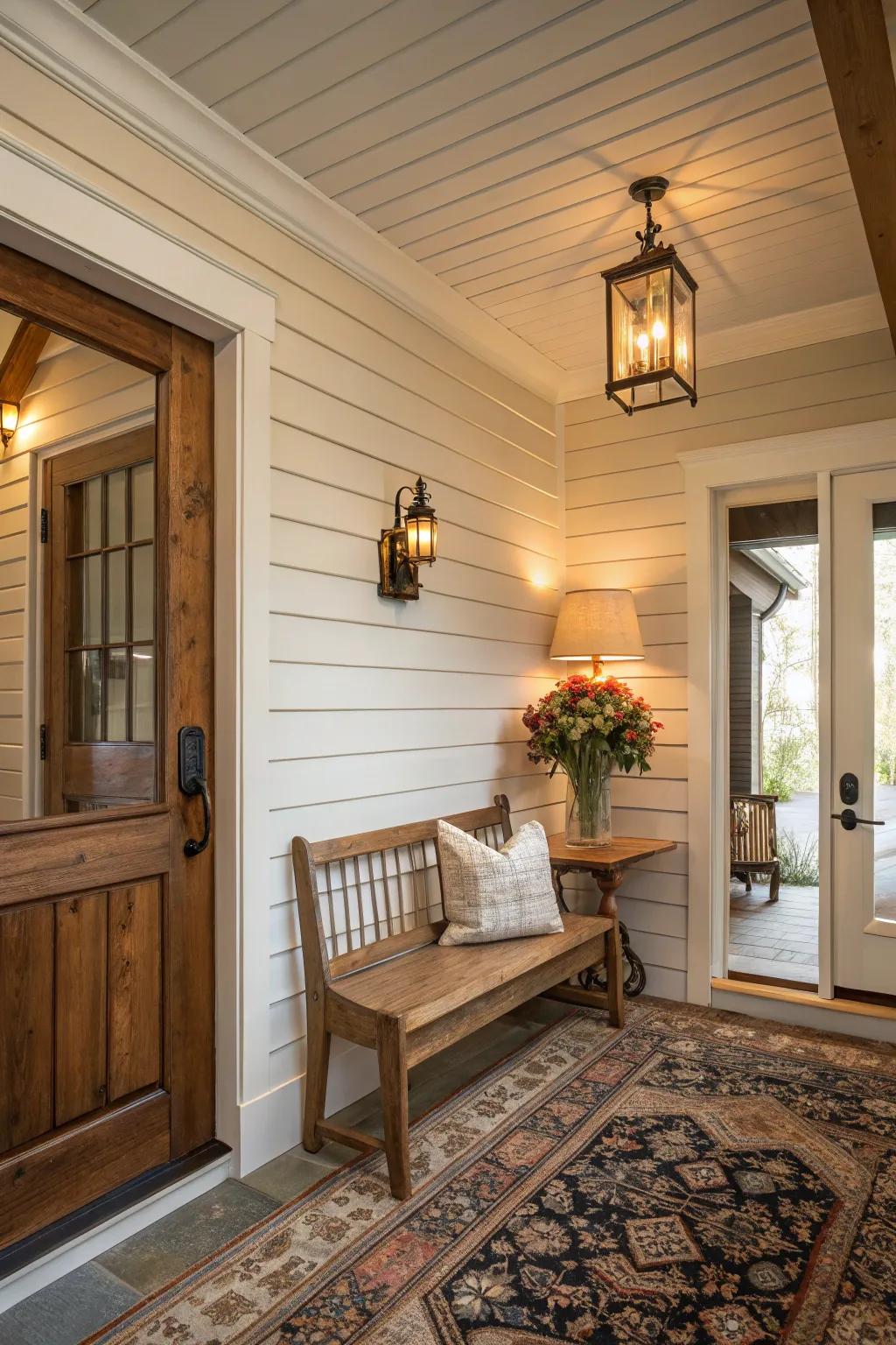 Create a cozy atmosphere with rustic shiplap paneling.