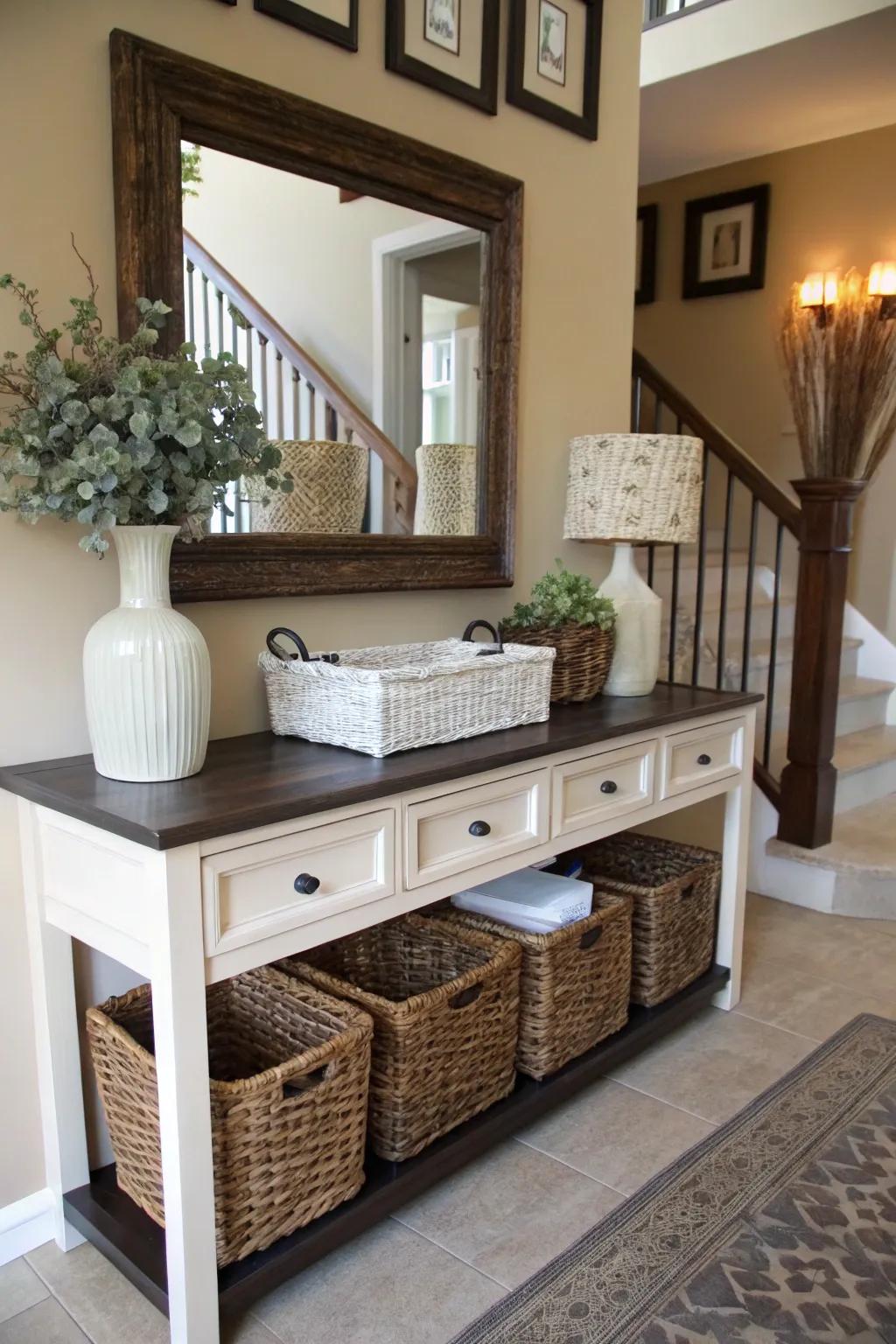 Elegant baskets and bins for organizing entryway essentials.