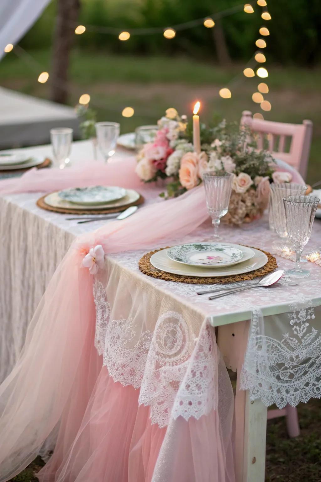 Tulle and lace add a delicate touch to the party decor.