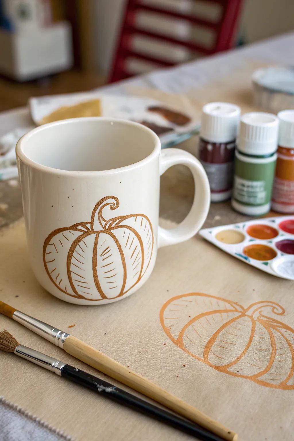 DIY stenciled mug with a pumpkin design.