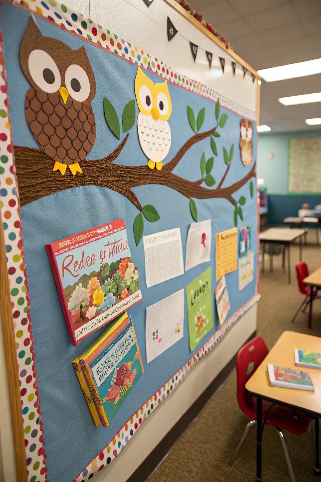 A whimsical owl-themed bulletin board celebrating reading.