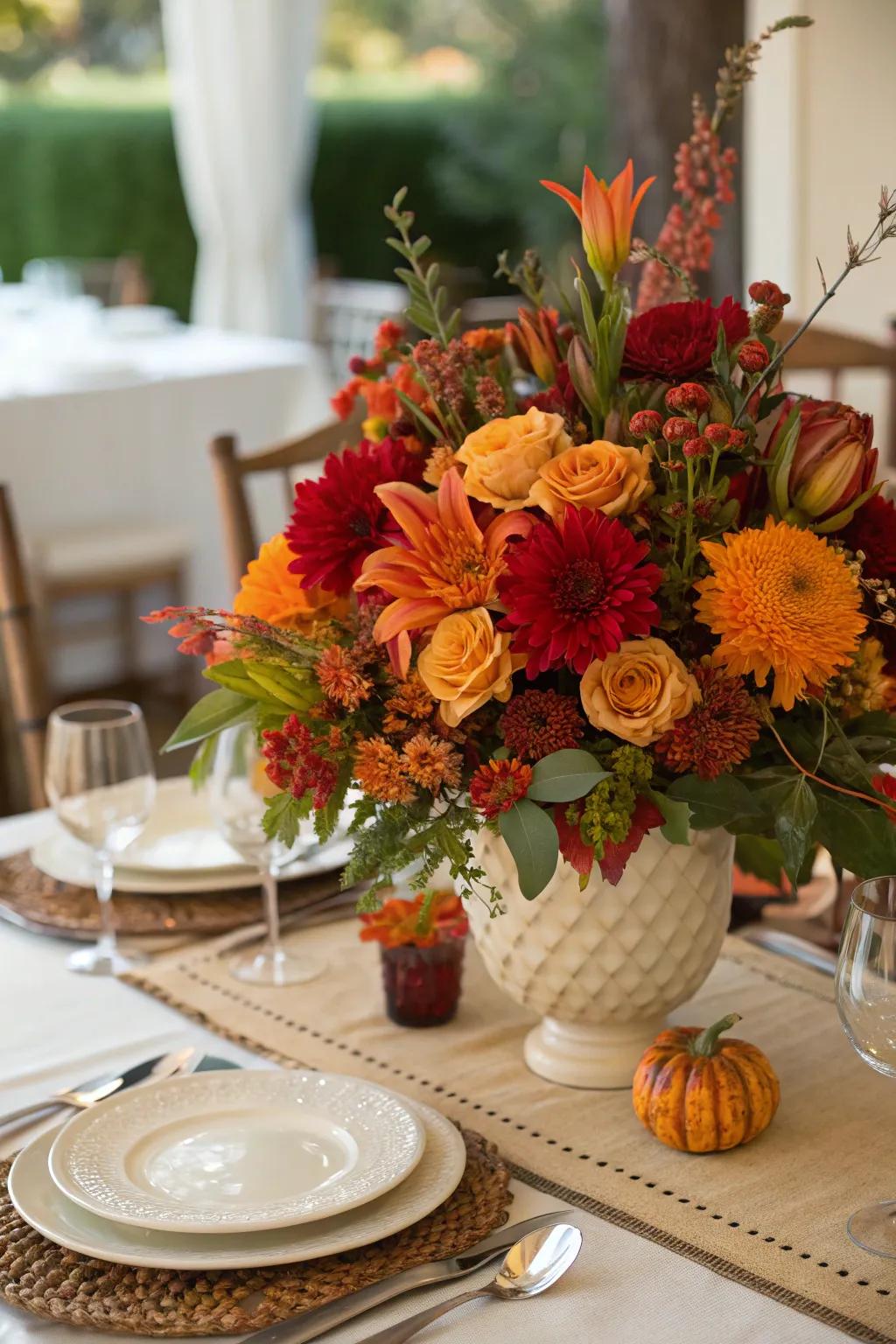 Bring warmth with a mix of fresh and faux fall flowers.