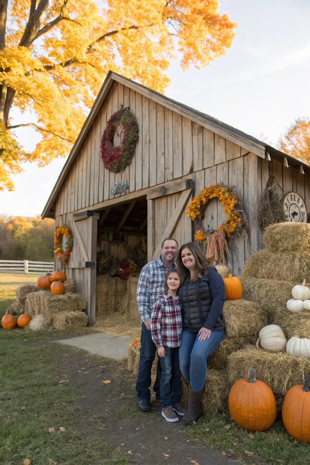 A rustic barn offers a picturesque and timeless backdrop for family photos.