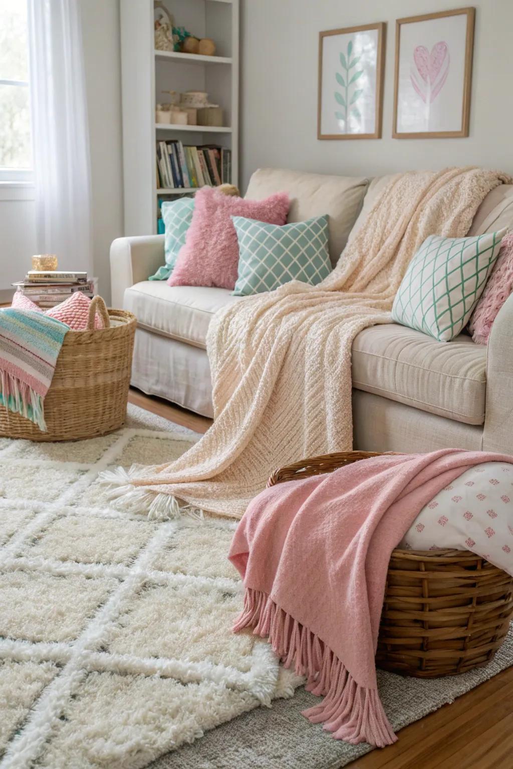 A cozy family room enriched with layers of textiles.