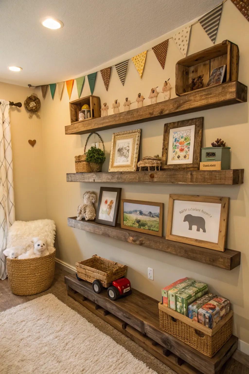 Rustic wood adds warmth and texture to a farm animal nursery.