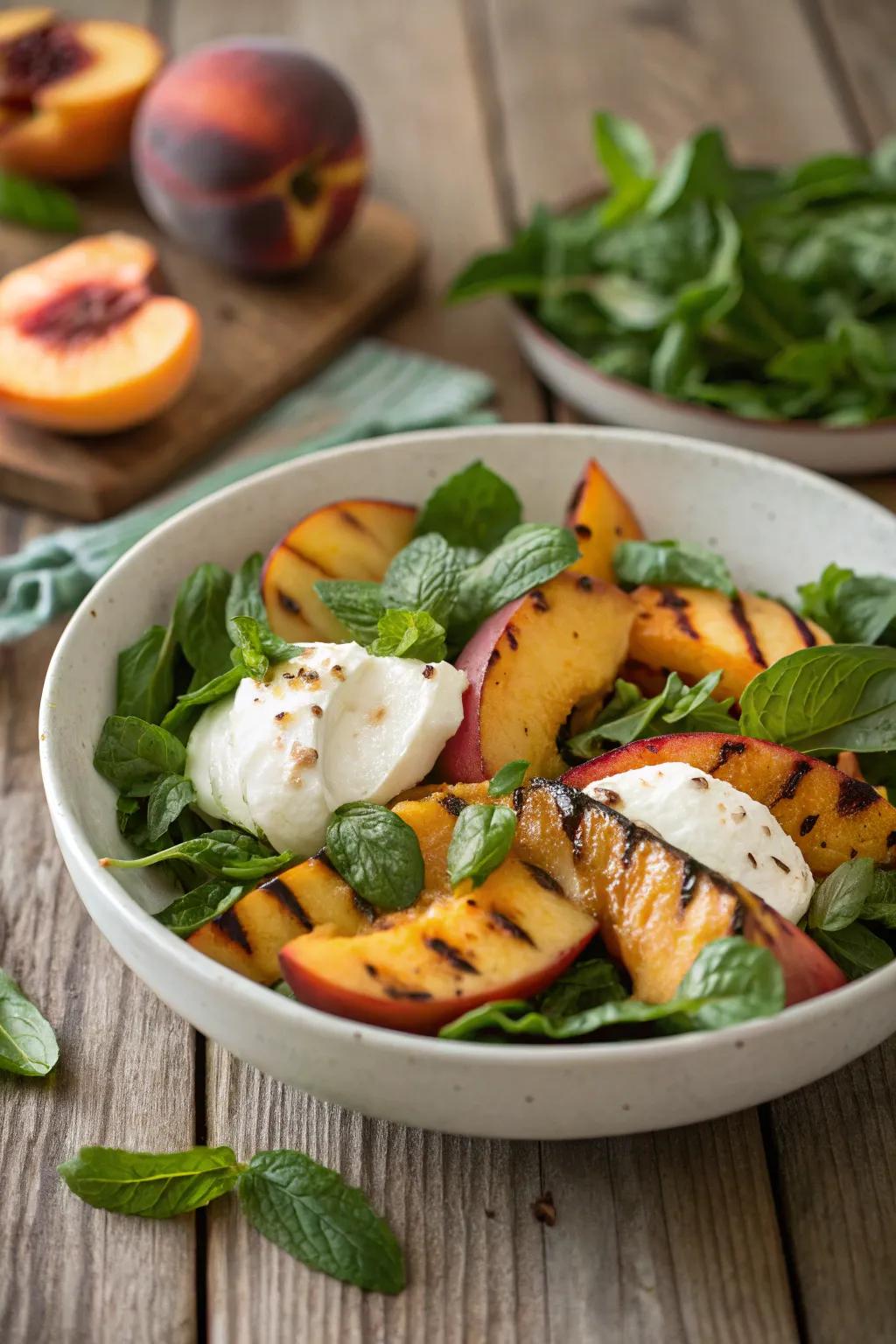 Grilled peach and burrata salad, a perfect blend of sweet and creamy.