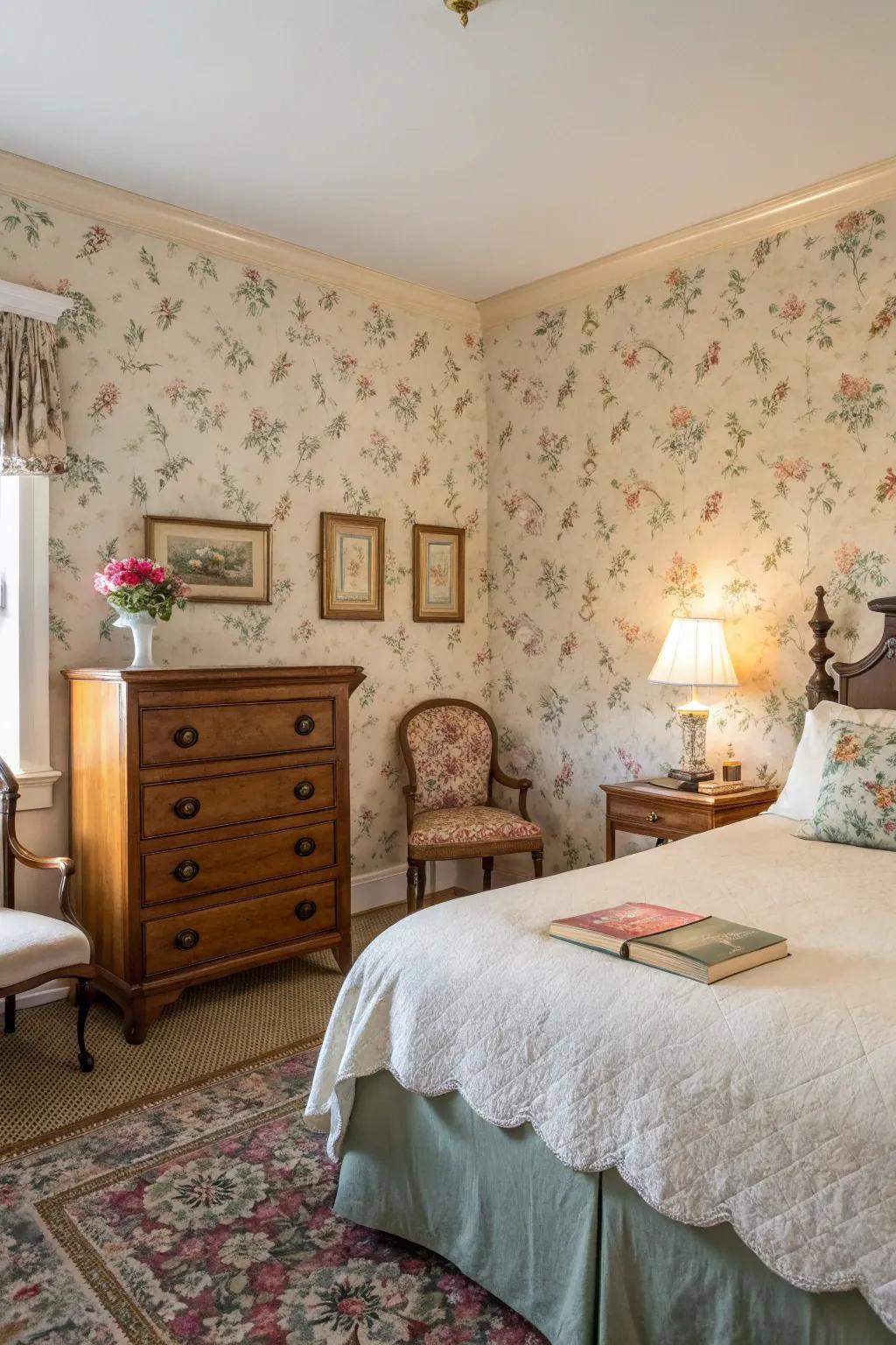 Vintage wallpaper creates a nostalgic atmosphere.