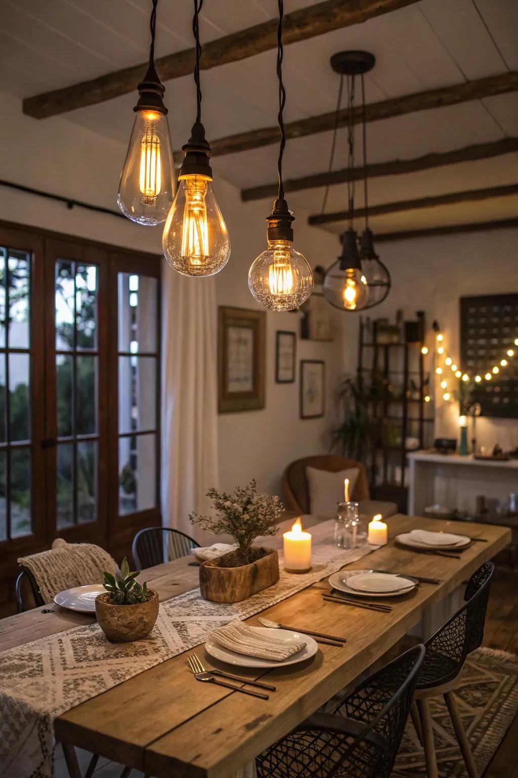 Edison bulbs add a timeless vintage charm to your dining room.