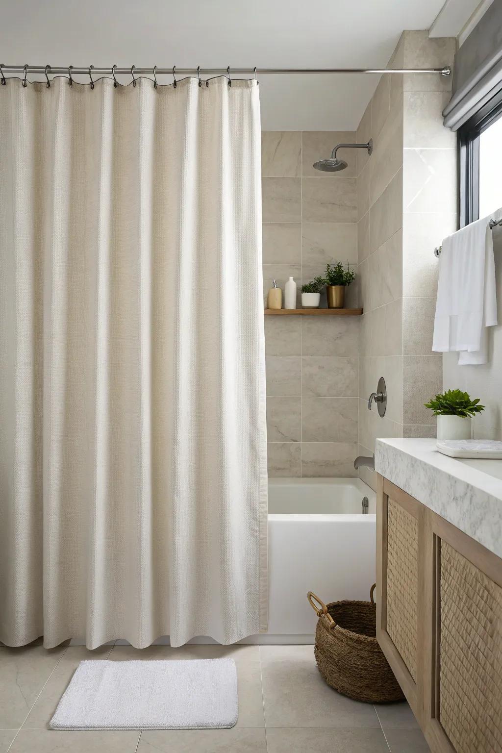 A minimalistic bathroom with a simple and elegant shower curtain design.