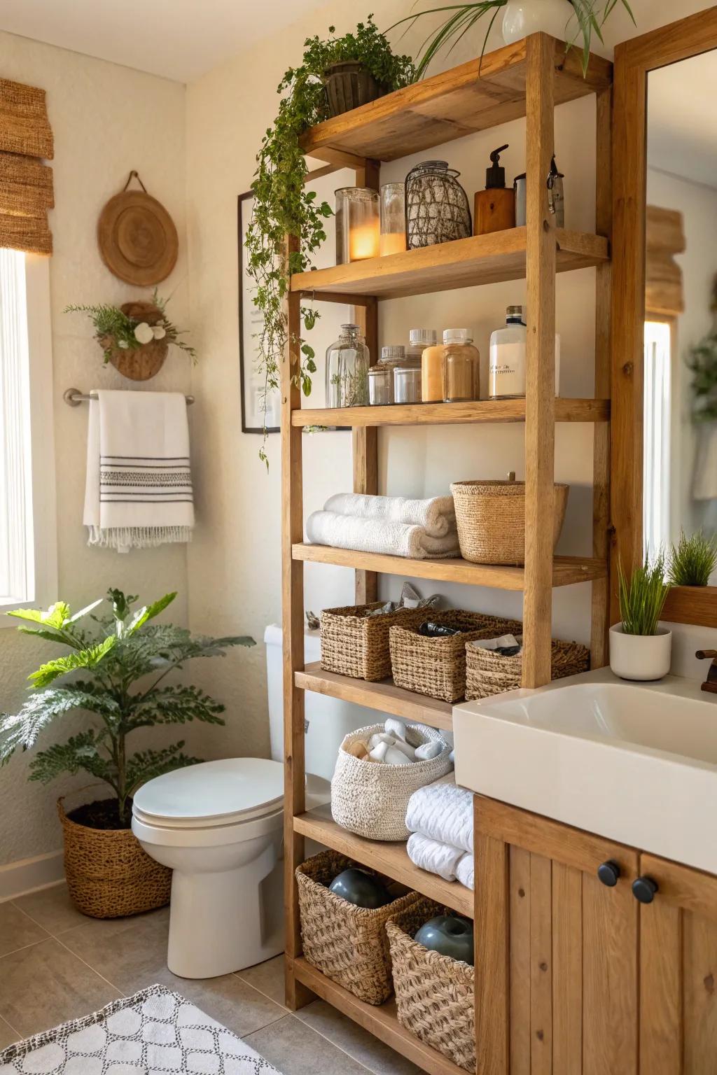 Open wood shelving provides stylish storage in this farmhouse bathroom.