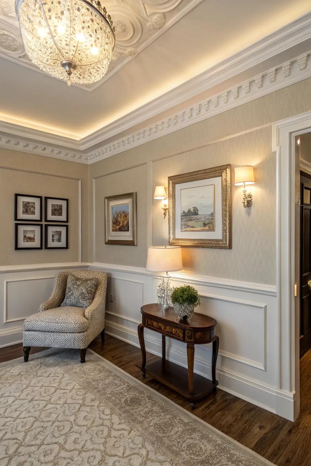 Seamless corner solutions with faux molding.