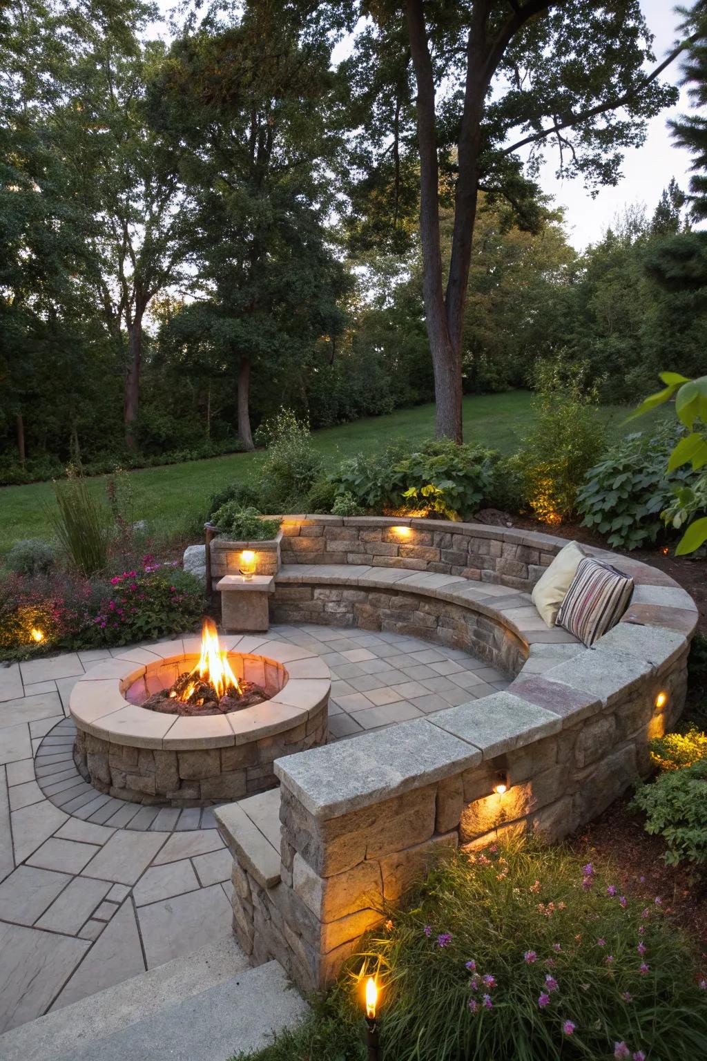 Built-in seating offers a sleek and integrated fire pit setup.