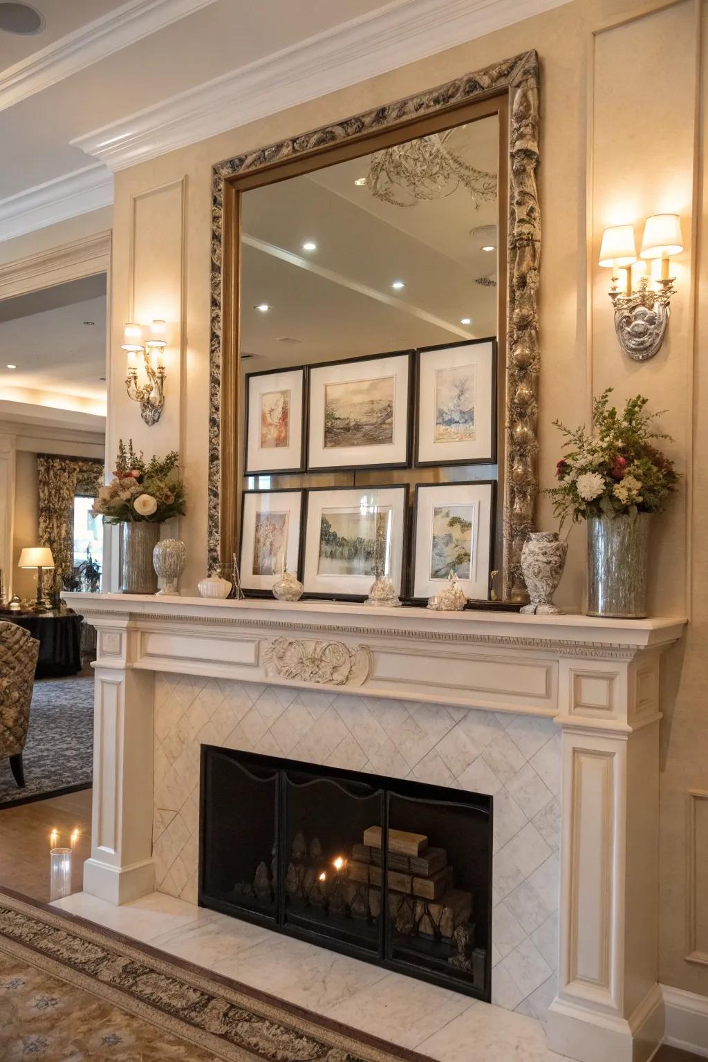 Layered art and mirrors enhancing the mantel's visual appeal.