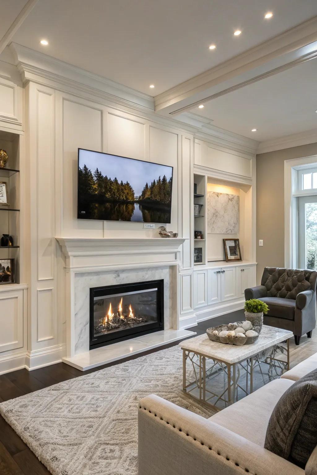 A seamlessly integrated TV above the fireplace for a modern touch.