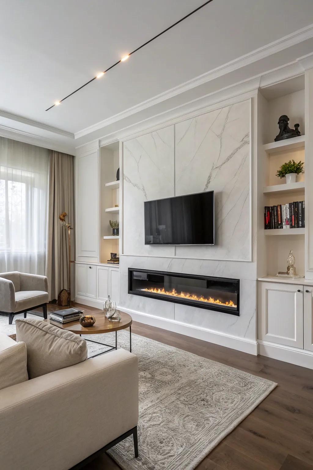 A minimalist living room with a sleek fireplace wall and TV.